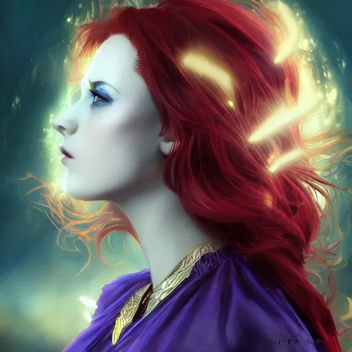 Image similar to redhead vampire sorceress, perfect face viewed in profile, bright glowing purple and red eyes, gold shirt, cinematic, floating ash, stunning, highly detailed, artstation, smooth, hard focus, concept art, art by artgerm and greg rutkowski and alphonse mucha, volumetric lighting, octane render, 4 k resolution, trending on artstation, masterpiece