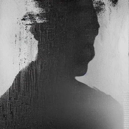 Prompt: A double exposure of a 4x5 styled portrait of a man coupled with an abstract oil-on-canvas painting, bokeh, shallow depth of field, black & white, dreamy, fog