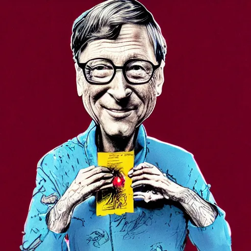 Image similar to bill gates holding a vaccine in his hand, body horror, by ralph steadman