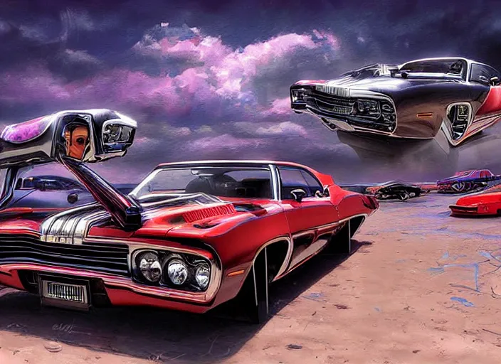 Prompt: lowrider muscle car fantasy of the future, art by alejandro burdisio