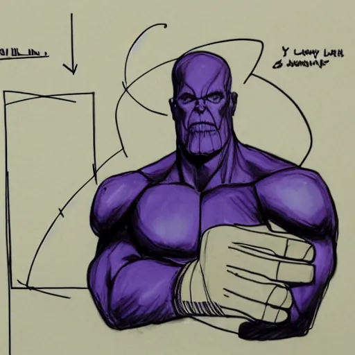 Prompt: court room sketch of thanos explaining his plans to the jury with a diagram of the infinity gauntlet.