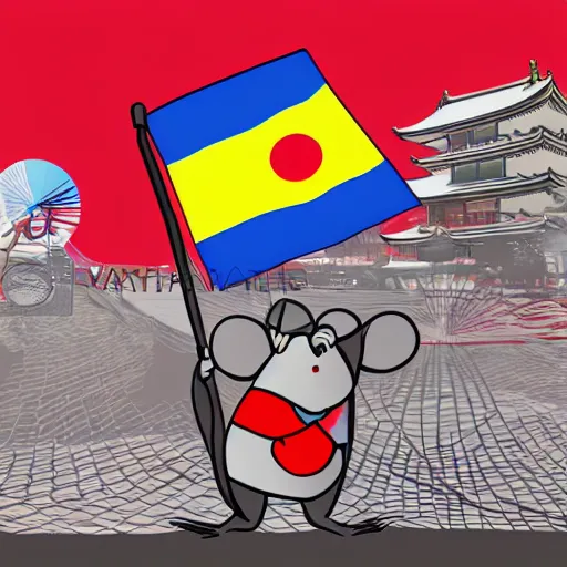 Prompt: rat in tokyo waving japan flag, digital painting