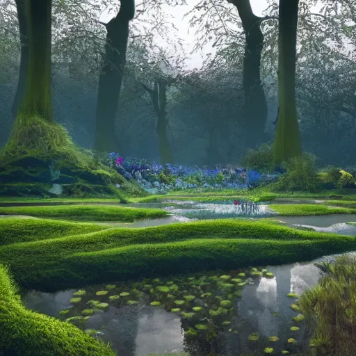 Image similar to found footage of a vast heavenly garden of peace, wide eden filled with surreal trees, stone slab, colourful wild flowers, moss sheds, fern towers, small stream and puddles, birds singing, early morning mild lighting, volumetric lighting, hyper realistic