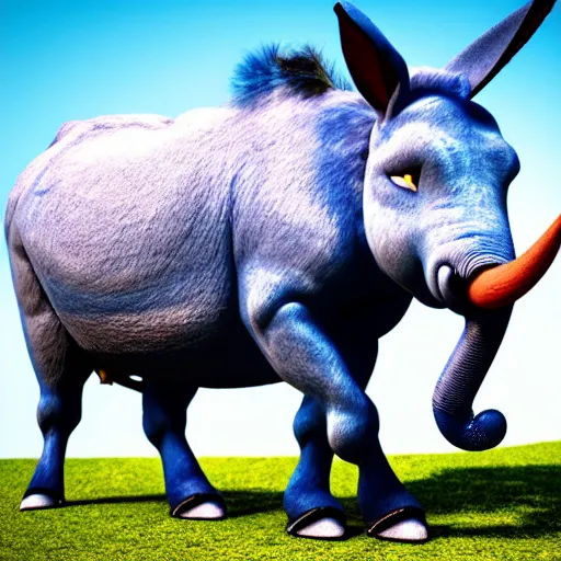 Prompt: angry blue donkey arguing with angry red elephant, white background, photo realistic