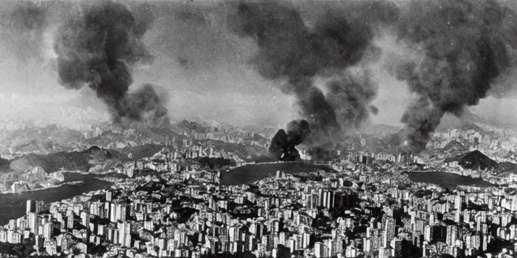 Prompt: the bombing of rio de janeiro ( 1 9 3 0 ), historical photograph, highly detailed, 4 k, real, destruction