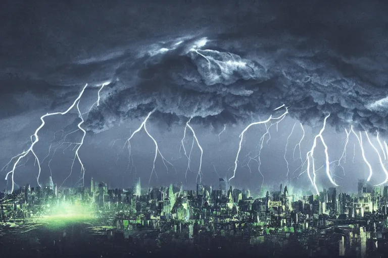 Prompt: monstrous tornado with creeping tendrils looming over a city, flying debris, night, street view, rain puddles, backlit, sprites, high contrast, unsplash, artstation