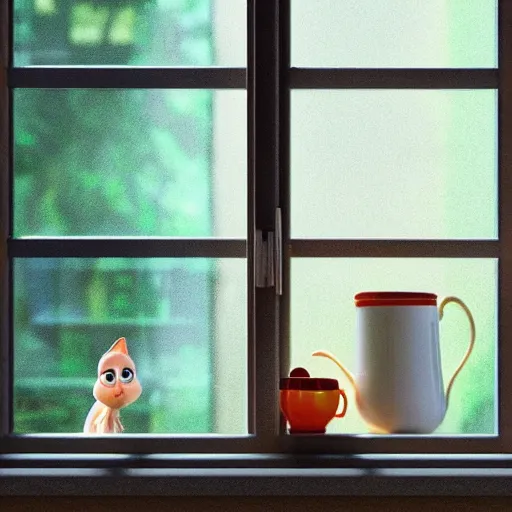 Image similar to a happy cat with big eyes looking for a cup of coffee in beautiful morning at a house window, viewed from outside. Pixar Disney 4K 3d render funny animation movie Oscar winning trending on ArtStation and Behance. Ratatouille style.