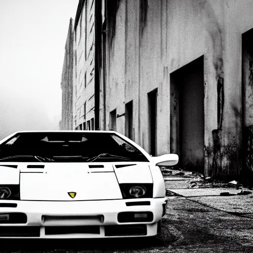 Prompt: black and white press photograph of a rusted abandoned lamborghini diablo on an empty abandoned city street, full view, detailed, natural light, mist, film grain, soft vignette, sigma 5 0 mm f / 1. 4 1 / 1 0 sec shutter, imax 7 0 mm footage