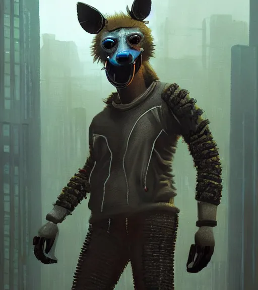 Image similar to new york city portrait icon of furry anthro anthropomorphic spotted hyena head animal person fursona wearing clothes strange cybernetic metal muzzle gloomy rainy screenshot from the video game cyberpunk 2077 digital art by Greg Rutkowski, Simon Stalenhag, christopher nolan trending on Artstation, CGSociety