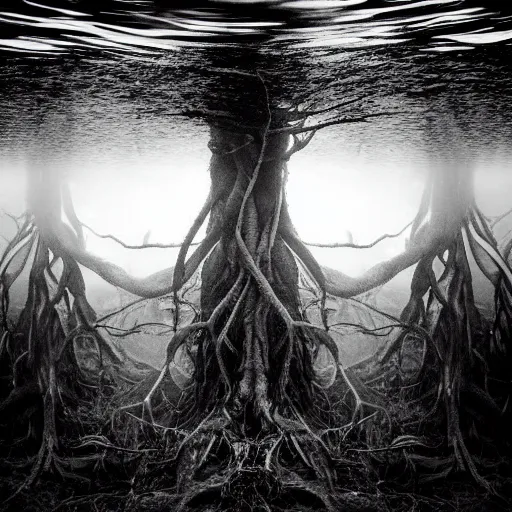 Image similar to roots underwater, award winning black and white photography