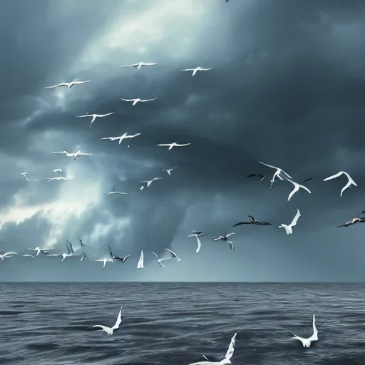 Image similar to a tornado!! made of seagulls, windy, cloudy, realistic reflections, cinematic lighting