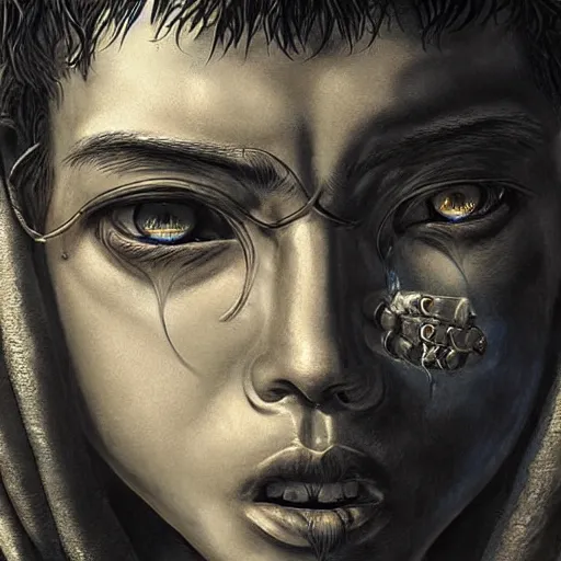 Image similar to extreme close - up by kentaro miura, by tony sart incredible. a beautiful art installation of a bright & fiery soul a power to do great things ; but i fear you may one day unleash such a tempest of fire that you may consume yourself, & all the world around you.