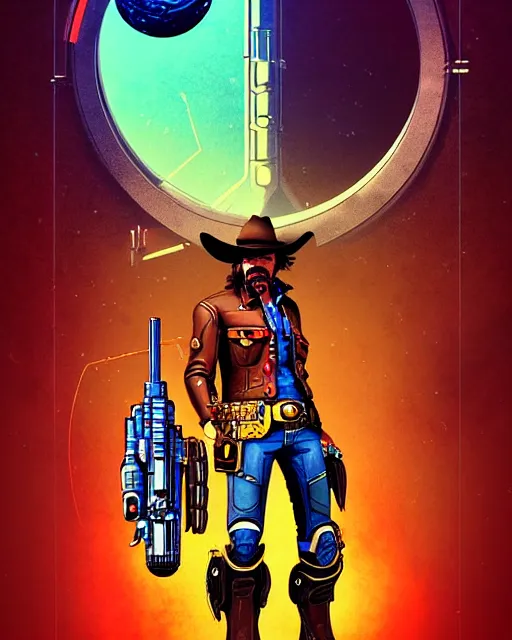 Image similar to mccree from overwatch, cyber space cowboy, outter space, character portrait, portrait, close up, concept art, intricate details, highly detailed, vintage sci - fi poster, retro future, vintage sci - fi art, in the style of chris foss, rodger dean, moebius, michael whelan, and gustave dore