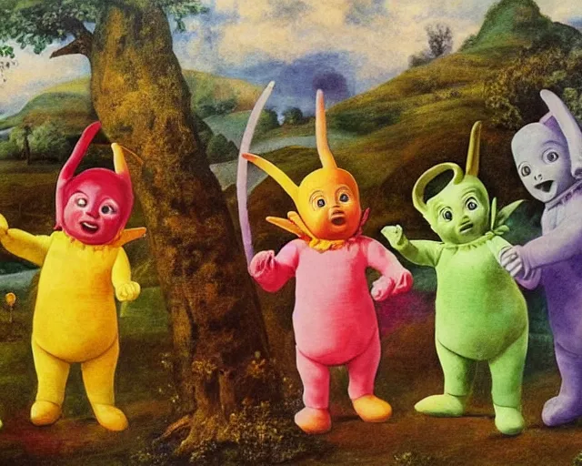 Prompt: a 1 6 0 0 s painting of the teletubbies