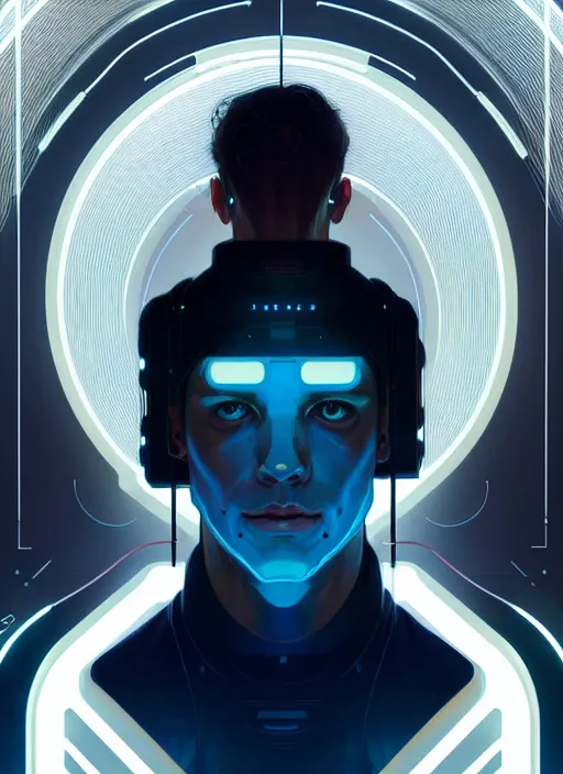 Image similar to symmetry!! portrait of male engineer, tech wear, scifi, glowing lights!! intricate elegant, highly detailed, digital painting, artstation, concept art, smooth, sharp focus, illustration, art by artgerm and greg rutkowski and alphonse mucha