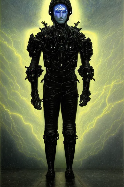 Prompt: portrait of beautiful gothic and futuristic young man with a lot of scars, more thunderstorm, dressed in cyber armor, a lot of scars, firestorm hair, the middle ages, highly detailed, artstation, illustration, art by jean delville and leon gerome and vincent disederio, 8 k quality