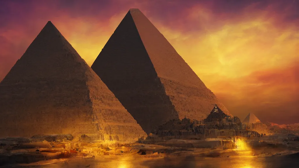 Image similar to Trending on artstation, beautiful pyramid with golden tip illuminated by the sunset, detailed matte painting, 4K