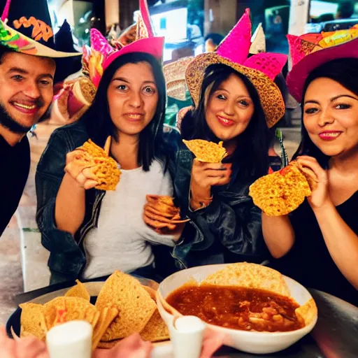 Prompt: A group of angels wearing birthday hats eating tacos de birria at a Mexican restaurant