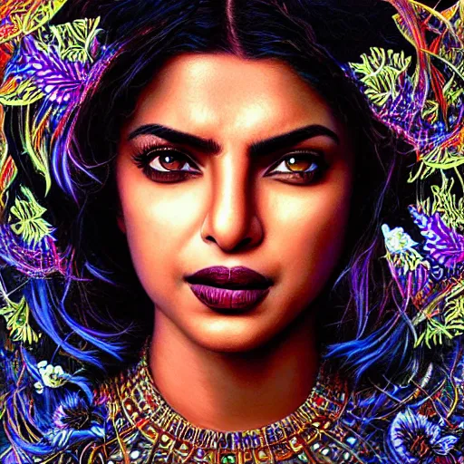 Image similar to portrait of priyanka chopra, hyper detailed masterpiece, neon floral pattern, jean giraud, digital art painting, darkwave goth aesthetic, psychedelic, artgerm, donato giancola and tom bagshaw