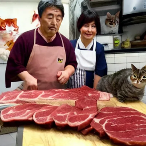 Prompt: angry japanese butcher slices meat next to two cute cats looking at him