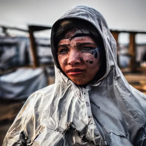 Image similar to photographic portrait of a poor techwear woman holding back tears, a futuristic shanty town burns in the background, closeup, sigma 85mm f/1.4, 4k, depth of field, high resolution, 4k, 8k, hd, full color