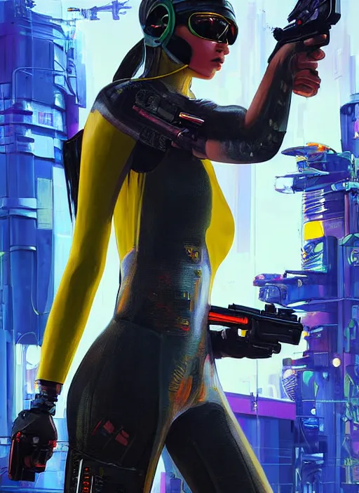 Image similar to beautiful cyberpunk female athlete in yellow jumpsuit. cyber chick firing a futuristic red automatic pistol with huge magazine. ad for pistol. cyberpunk poster by james gurney, azamat khairov, and alphonso mucha. artstationhq. gorgeous face. painting with vivid color, cell shading. ( rb 6 s, cyberpunk 2 0 7 7 )