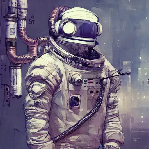 Image similar to astronaut, cyberpunk, realistic, detailed, Industrial Scifi, paint, watercolor, in the style of Ashley Wood and Wadim Kashin