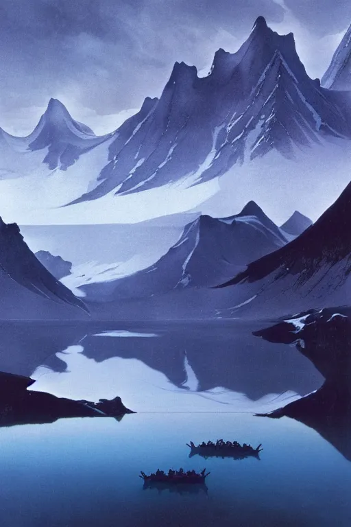 Prompt: a glacial lake in china with 8 red pandas swimming together by arthur haas and bruce pennington and john schoenherr, cinematic matte painting, zaha hadid building, photo realism, dark moody color palate, blue hour stars, desolate glacial landscape,