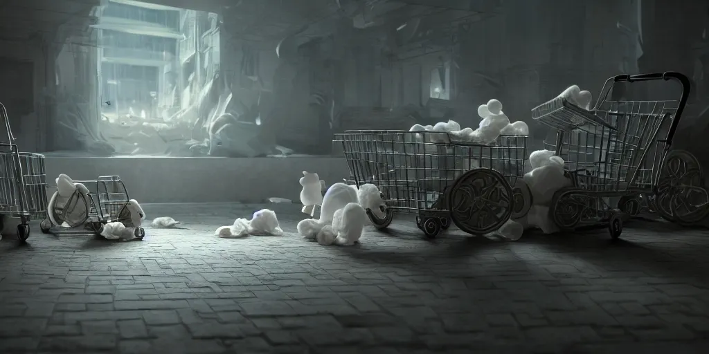 Image similar to diapers diapers diapers diapers diapers, shopping cart, dim volumetric lighting, 8 k octane beautifully detailed render, post - processing, extremely hyper - detailed, intricate, epic composition, cinematic lighting, masterpiece, trending on artstation, detailed detailed detailed, masterpiece, stunning art, wonderful masterpiece, beautiful cinematic light