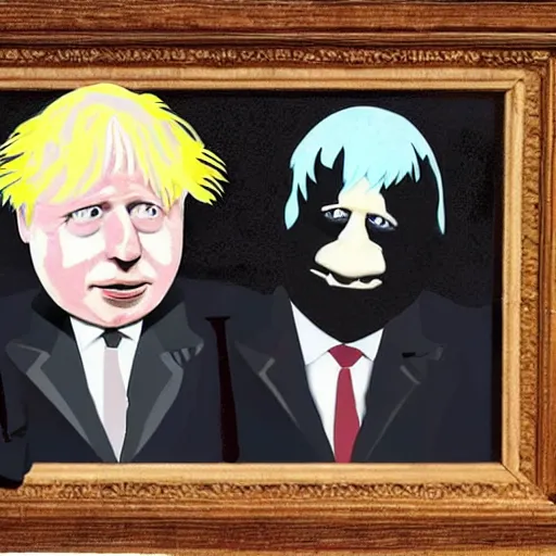 Prompt: boris johnson cartoonized. hyperrealistic. cartoonized michael gove. they have a romantic dinner. folk horror. gothic