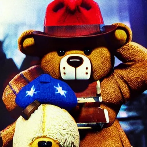 Prompt: “ freddy fazbear and paddington meet in londom in 1 9 8 7. ”