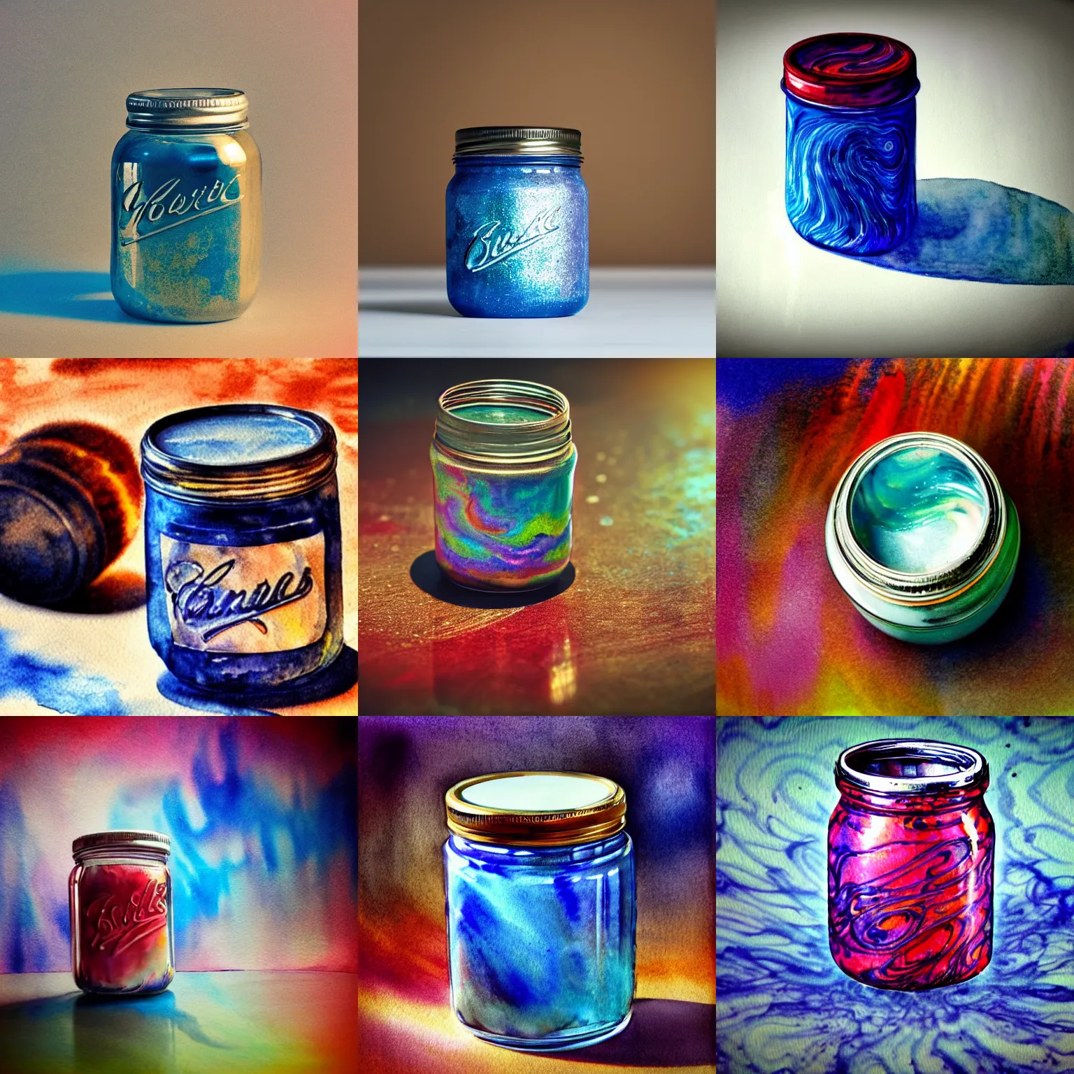 Prompt: airbrush of sealed canning jar of swirling ink shimmering on a desk, dramatic afternoon lighting, intense watercolor, heavy metal, tilt shift, photo realistic, by moebius