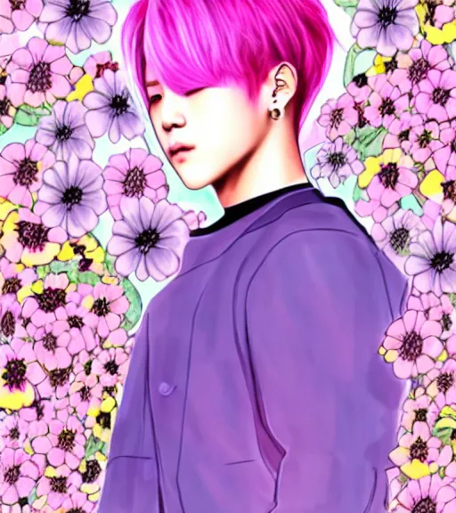 Prompt: pink haired bts jimin, muted colors, colorful flowers, sunlight filtering through skin, illustrated by starember cfg _ scale 9