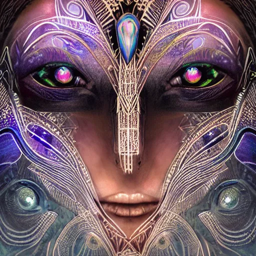 Prompt: closeup portrait of a beautiful art deco faerie queen, glowing eyes, moth wings with geometric patterns, reflective detailed textures, highly detailed dark fantasy science fiction painting, elaborate geometric ornament, ancient runes, silver and cool colors, extremely detailed, photorealistic, artstation