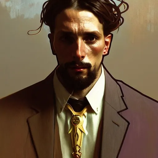 Image similar to portrait of a vicotrian man in suit by alphonse mucha, simon stalenhag and darek zabrocki, cinematic and atmospheric, concept art, artstation, trending on artstation