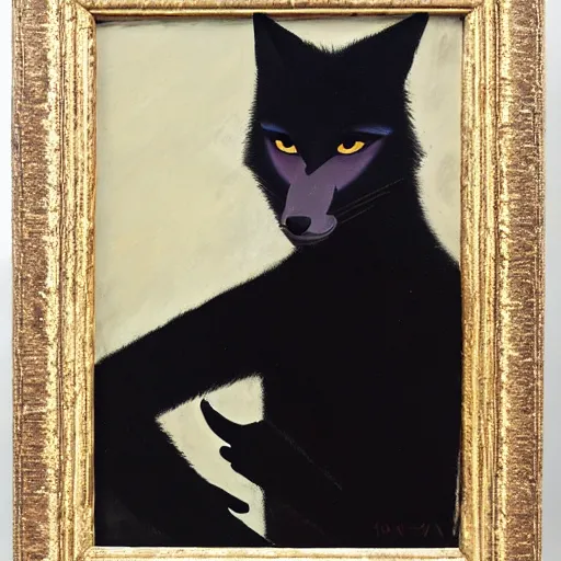 Image similar to portrait of a male anthro anthropomorphic black fox furry fursona with hands on eyes, wearing a suit, 1 9 7 0 s oil on canvas painting, by famous artist jylon denja