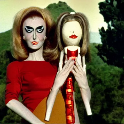 Image similar to 1970 woman on tv show with a long prosthetic nose, prosthetic eyeballs, wearing a dress on the hillside 1970 color archival footage color film 16mm holding a hand puppet Fellini Almodovar John Waters Russ Meyer Doris Wishman