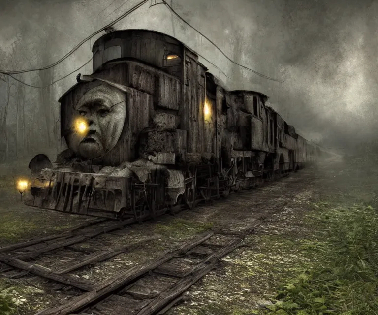 Image similar to magical ghost train, high res, photorealistic, dark atmosphere, dark fantasy, gloomy tracks, bright lights, forestry