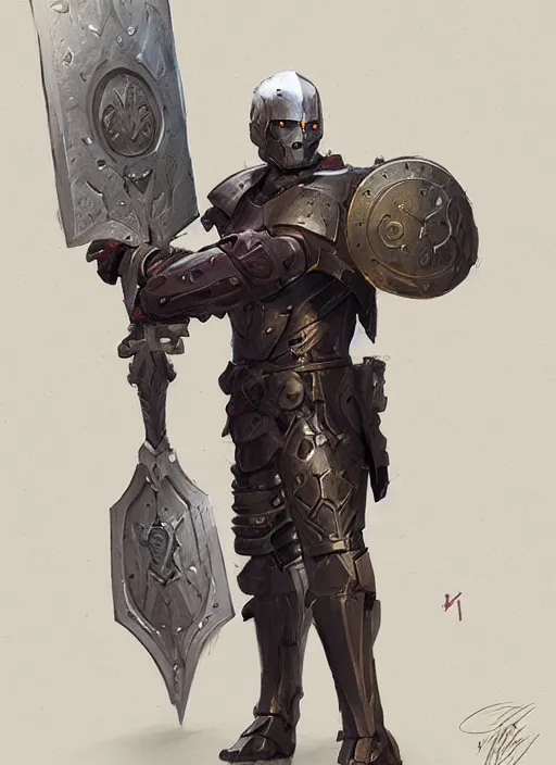 Prompt: portrait of a warforged character holding a paladin engraved longsword and carrying a big shield, epic rough concept art, by Greg Rutkowski