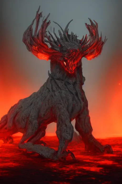 Prompt: an infernal biped creature portrait in an hell landscape, volumetric fog, concept art