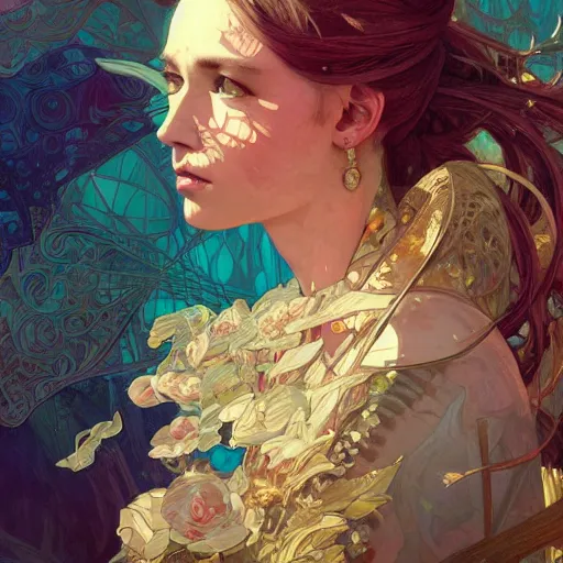 Prompt: hyperdetailed portrait of beautiful knigt girl, sharp foccus ilustration, artstation hq. intricate, elegant. wlop, greg rutkowski, alphonse mucha,. dan mumford, rossdraws, marc simonetti. incredible background. full height. louise zhang. colorful splashes of paint. background by repin. abstract. decollage painting