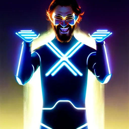 Image similar to tron legacy jesus laughing, diffuse lighting, hyper realistic, concept art, intricate, hyper detailed, smooth, sharp focus, illustration, trending on artstation, art by greg rutkowski and james gurney and alphonse mucha