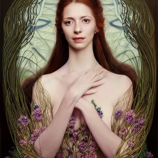 Image similar to portrait of a young attractive nerdy woman in flowing sensual dress, arrogant, long fine flowing hair, delicate, looking at camera, slightly awkward smile, realistic face, hands behind back, stylish, elegant, grimdark fantasy, flowers, extremely detailed painting inspired by Gerald Brom and Ernst Haeckel and Monia Merlo, studio lighting