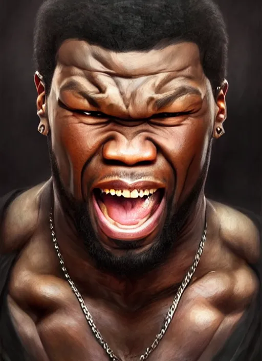 Prompt: Portrait of 50 cent screaming, D&D, muscular, fantasy, intricate, elegant, highly detailed, digital painting, artstation, concept art, smooth, sharp focus, illustration, art by artgerm and greg rutkowski and alphonse mucha