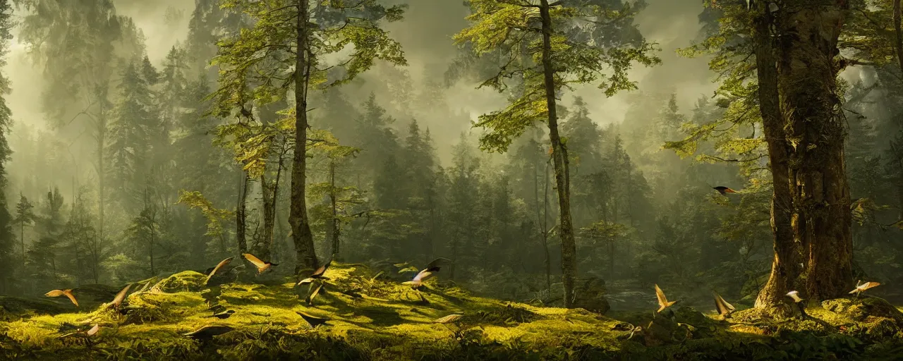 Image similar to birds flying in the forrest, beautiful dynamic lighting, cinematic, wide angle establishing shot, extremely high detail, photo realistic, cinematic lighting, post processed, concept art, artstation, matte painting, style by frederic church, raphael lacoste, unreal engine 8 k