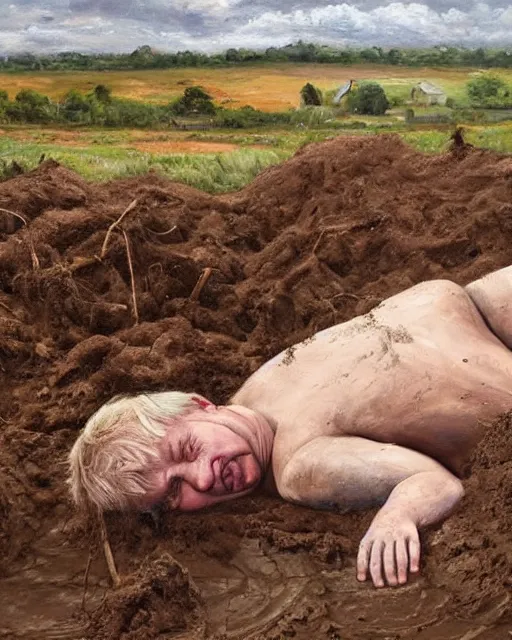 Image similar to an oil painting of uk politician former prime ministe boris johnson lying down in a pile of mud on a farm, covered in dirt, 4 k detail