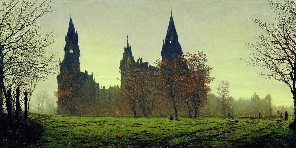 Prompt: victorian castle morning, a beautiful painting of john atkinson grimshaw, autumn