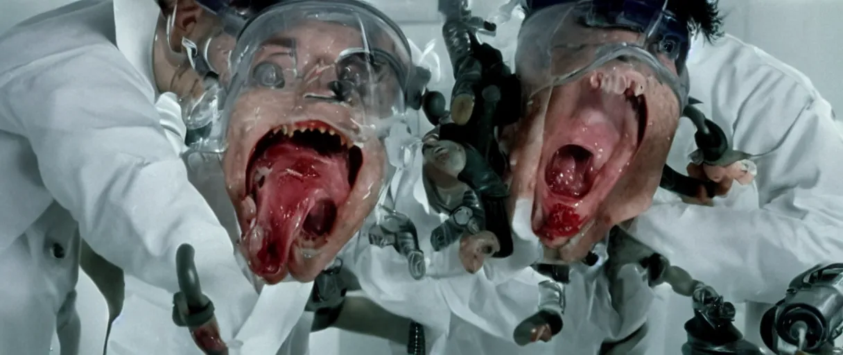 Image similar to filmic extreme close up shot movie still 4 k uhd interior 3 5 mm film color photograph of solidier screaming being grabbed by a scientist with tentacles in a bloody lab coat in a lab in antartica, 1 9 8 2