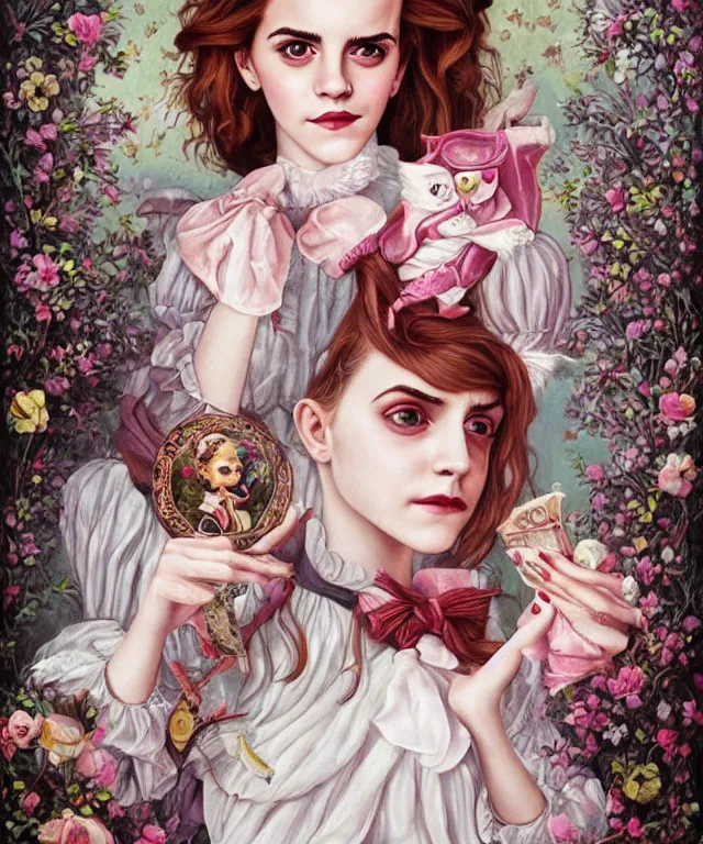 Image similar to portrait of Emma Watson in wonderland, lowbrow painting by Mark Ryden