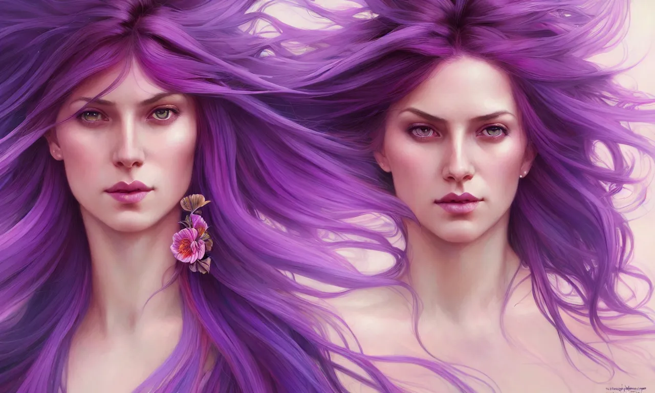 Image similar to Portrait of a woman with bright colored flying hair, all shades of purple. Hair coloring, amber eyes, face, long hair, fantasy, intricate, elegant, highly detailed, digital painting, artstation, concept art, smooth, sharp focus, illustration, art by artgerm and greg rutkowski and alphonse mucha